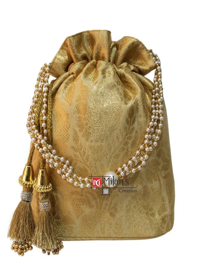 MILAN'S CREATION Banarasi Silk Brocade Potli Bag Purse With Base Drawstring Women's handbag with Pearl Handle & Tassel Weddings (Gold) - Image 2
